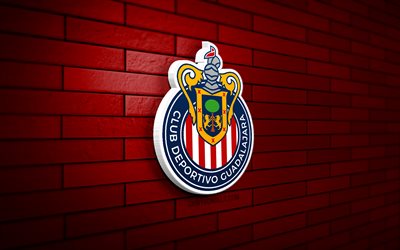 cd guadalajara 3d-logo, 4k, rote ziegelwand, liga mx, fußball, mexikanischer fußballverein, cd guadalajara-logo, cd guadalajara-emblem, cd guadalajara, sportlogo, guadalajara fc