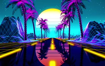 4k, abstract nightscapes, moon, road, palms, creative, abstract landscapes, abstract nature, drawing landscapes