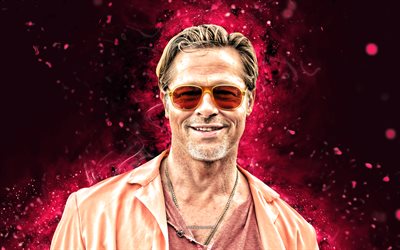 Brad Pitt, 4k, puprle neon lights, american actors, pink costume, movie stars, Hollywood, picture with Brad Pitt, american celebrity, Brad Pitt 4K