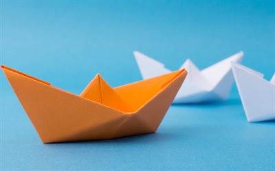 leadership, 4k, bateaux en papier, course, concepts de leader, bateau en papier orange, concepts d'entreprise, chef, bateaux en papier blanc, concepts de leadership
