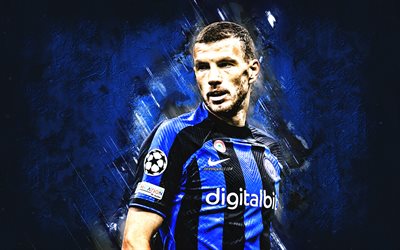 Edin Dzeko, Inter Milan, portrait, blue stone background, Bosnian football player, Serie A, Internationale, football, Italy
