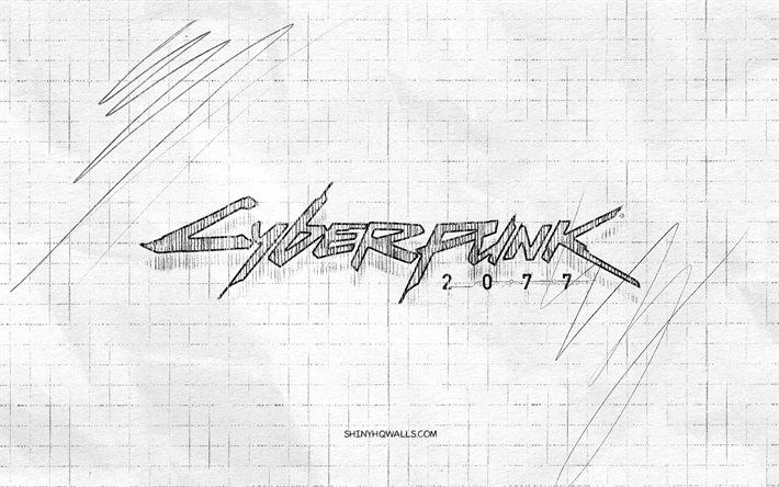 esboço do logotipo do cyberpunk 2077, 4k, fundo de papel quadriculado, cyberpunk 2077 logotipo preto, marcas de jogos, esboços de logotipo, logo do cyberpunk 2077, lápis de desenho, cyberpunk 2077