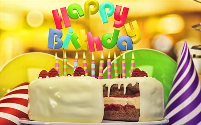 feliz aniversário, 4k, velas, bolo de aniversário, bolo de creme branco, cartão de feliz aniversário, fundo de feliz aniversário, velas acesas, modelo de aniversário