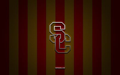 USC Trojans logo, American football team, NCAA, red orange carbon background, USC Trojans emblem, football, USC Trojans, USA, USC Trojans silver metal logo