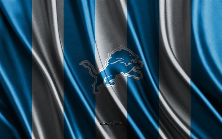 detroit lions, nfl, trama di seta bianca blu, bandiera dei detroit lions, squadra di football americano, national football league, football americano, bandiera di seta, emblema dei detroit lions, usa, distintivo dei detroit lions