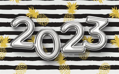 4k, 2023 Happy New Year, silver realistic balloons, 2023 concepts, golden palm trees, 2023 balloons digits, Happy New Year 2023, creative, 2023 white background, 2023 year, 2023 3D digits