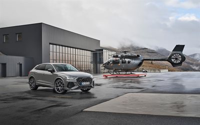 2022, Audi RS Q3 Sportback, 4k, front view, gray RS Q3 Sportback, gray helicopter, Eurocopter EC135, Airbus Helicopters H135, gray Q3 Sportback, german cars, Audi