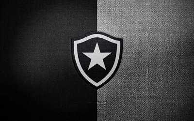 distintivo botafogo, 4k, sfondo in tessuto bianco nero, serie a brasiliana, logo botafogo, emblema botafogo, logo sportivo, squadra di calcio brasiliana, botafogo rj, calcio, botafogo fc