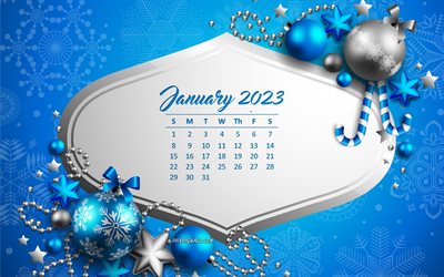 calendario gennaio 2023, 4k, sfondo blu palle di natale, concetti 2023, modello blu natale, calendari gennaio 2023