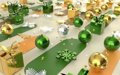 bolas de natal 3d, 3d campos de neve verdes, feliz natal, feliz ano novo, fundo de natal, modelo de natal, decorações de natal