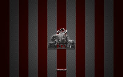 New Mexico State Aggies logo, American football team, NCAA, red white carbon background, New Mexico State Aggies emblem, football, New Mexico State Aggies, USA, New Mexico State Aggies silver metal logo