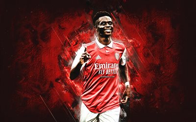bukayo saka, arsenal fc, giocatore di football inglese, ritratto, pietra rossa sullo sfondo, premier league, inghilterra, calcio, arsenal