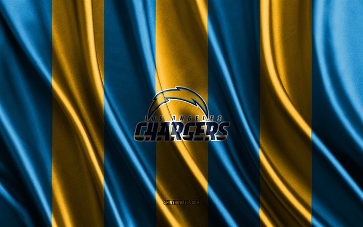 Los Angeles Chargers, NFL, blue yellow silk texture, Los Angeles Chargers flag, American football team, National Football League, American football, silk flag, Los Angeles Chargers emblem, USA, Los Angeles Chargers badge