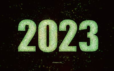 fondo verde 2023, 4k, feliz año nuevo 2023, arte brillante, fondo verde brillante 2023, conceptos 2023, luces verdes, plantilla verde 2023