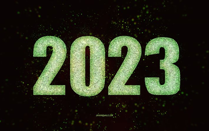sfondo verde 2023, 4k, felice anno nuovo 2023, arte glitter, 2023 sfondo verde glitter, 2023 concetti, 2023 felice anno nuovo, luci verdi, modello verde 2023