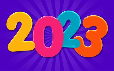 4k, Happy New Year 2023, colorful 3D digits, abstract rays, 2023 concepts, creative, 2023 Happy New Year, neon 3D digits, 3D art, 2023 colorful digits, 2023 blue background, 2023 year, 2023 3D digits