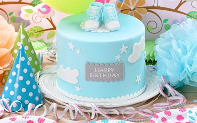 4k, torta di compleanno blu, buon compleanno, nascita figlio, biglietto di auguri di buon compleanno, torta crema blu, compleanno ragazzi, modello di compleanno