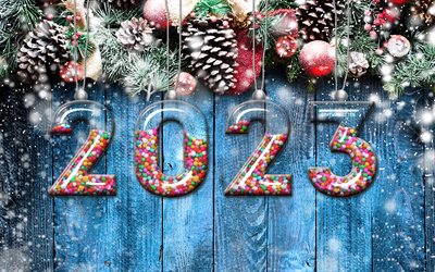 4k, 2023년 새해 복 많이 받으세요, 3d 유리 숫자, 푸른 나무 배경, 2023년 컨셉, 창의적인, 2023 3d 숫자, 크리스마스 사탕, 크리스마스 장식, 2023 파란색 배경, 2023년
