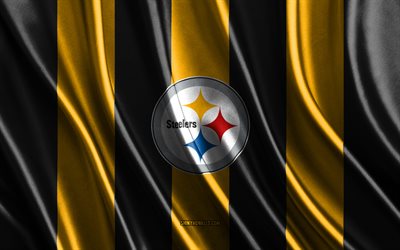 Pittsburgh Steelers, NFL, yellow black silk texture, Pittsburgh Steelers flag, American football team, National Football League, American football, silk flag, Pittsburgh Steelers emblem, USA, Pittsburgh Steelers badge