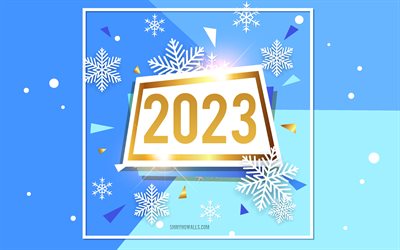 frohes neues jahr 2023, 4k, winterhintergrund 2023, blauer hintergrund 2023, konzepte 2023, vorlage 2023, blauer schneeflockenhintergrund 2023