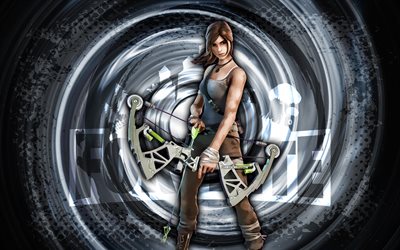 4k, lara croft, fortnite, gris grunge spirale fond, lara croft skin, lara croft fortnite personnage, lara croft fortnite, fortnite personnages, grunge art