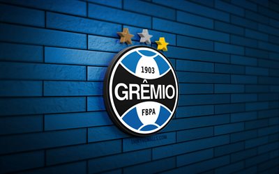 logo 3d do grêmio, 4k, parede de tijolos azul, série b brasileira, futebol, clube de futebol brasileiro, logo do grêmio, emblema do grêmio, grêmio, logotipo esportivo, grêmio fc
