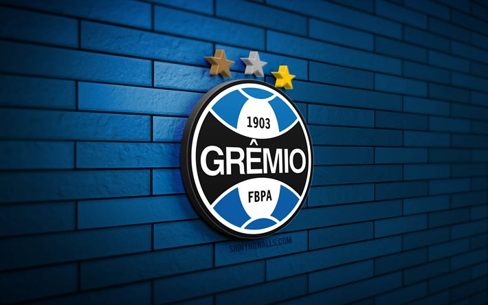 gremio 3d-logo, 4k, blaue ziegelwand, brasilianische serie b, fußball, brasilianischer fußballverein, gremio-logo, gremio-emblem, gremio, sportlogo, gremio fc