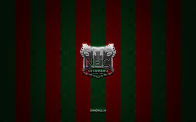 logo nec nijmegen, club de football néerlandais, eredivisie, arrière-plan en carbone vert rouge, nec nijmegen emblem, football, nec nijmegen, pays-bas, nec nijmegen silver metal logo