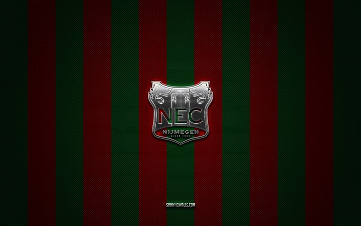 nec nijmegen logo, niederländischer fußballverein, eredivisie, rotgrün -kohlenstoff -hintergrund, nec nijmegen emblem, fußball, nec nijmegen, niederlande, nec nijmegen silver metal logo