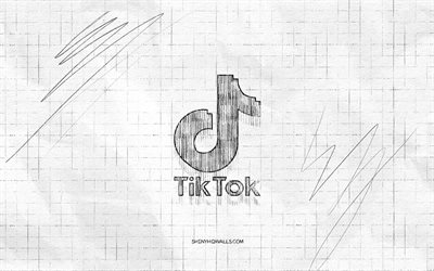 tiktok sketch logo, 4k, background di carta a scacchi, logo black tiktok, social network, sketch logo, logo tiktok, disegno a matita, tiktok