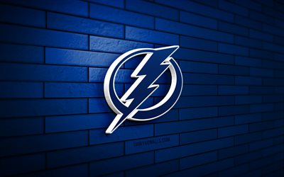 Tampa Bay Lightning 3D logo, 4K, blue brickwall, NHL, hockey, Tampa Bay Lightning logo, american hockey team, Tampa Bay Lightning emblem, sports logo, Tampa Bay Lightning