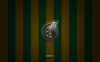 شعار fortuna sittard, نادي كرة القدم الهولندي, eredivisie, خلفية الكربون الصفراء الخضراء, fortuna sittard emblem, كرة القدم, فورتونا سيتارد, هولندا, fortuna sittard silver metal logo