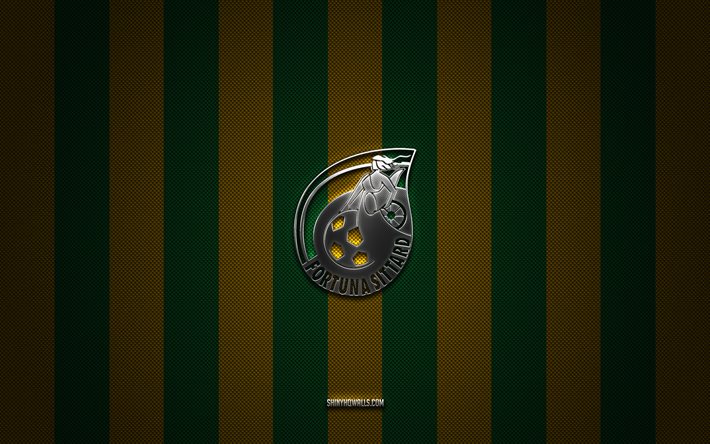 شعار fortuna sittard, نادي كرة القدم الهولندي, eredivisie, خلفية الكربون الصفراء الخضراء, fortuna sittard emblem, كرة القدم, فورتونا سيتارد, هولندا, fortuna sittard silver metal logo