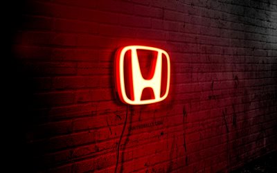 Honda neon logo, 4k, red brickwall, grunge art, creative, cars brands, logo on wire, Honda red logo, Honda logo, artwork, Honda