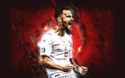 haris seferovic, equipe nacional de futebol da suíça, jogador de futebol suíço, retrato, fundo de pedra vermelha, suíça, futebol