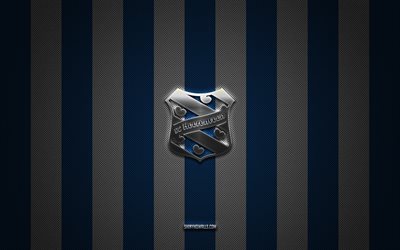 sc heerenveen logo, dutch football club, eredivisie, blue white carbon background, sc heerenveen emblem, football, sc heerenveen, paesi bassi, sc heerenveen silver metal logo