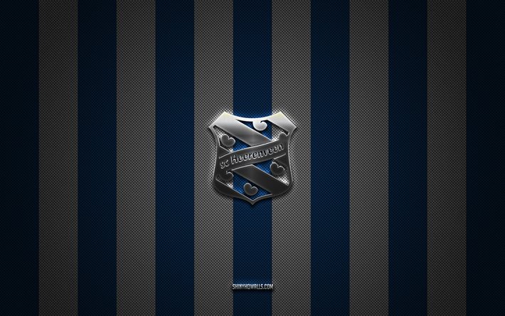 sc heerenveen logo, dutch football club, eredivisie, blue white carbon background, sc heerenveen emblem, football, sc heerenveen, pays-bas, sc heerenveen silver metal logo
