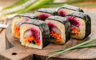maki, 4k, makro, asiatisches essen, sushi, brötchen, fastfood, makizushi, japanisches essen, bild mit sushi