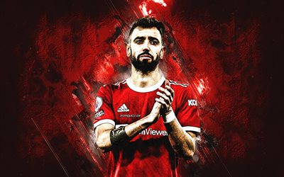 Bruno Fernandes, Manchester United FC, Portuguese football player, midfielder, Premier League, England, football, red stone background, Bruno Miguel Borges Fernandes
