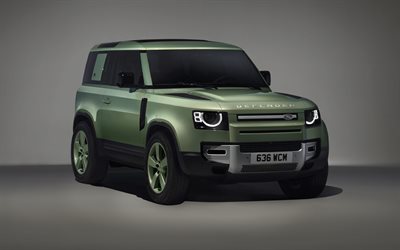 2023, Land Rover Defender 90, 75th Limited Edition 1, 4k, front view, exterior, green SUV, green Land Rover Defender, British cars, Land Rover
