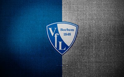 vfl bochum 배지, 4k, 블루 흰색 직물 배경, 분데스리가, vfl bochum 로고, vfl bochum emblem, 스포츠 로고, 독일 축구 클럽, vfl bochum, 축구, bochum fc