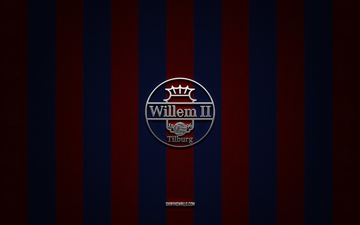 willem ii logo, hollanda futbol kulübü, eredivisie, kırmızı mavi karbon arka plan, willem ii amblemi, futbol, ​​willem ii, hollanda, willem ii gümüş metal logosu
