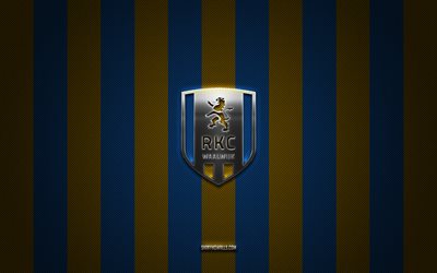 logotipo rkc waalwijk, clube de futebol holandês, erredivisie, fundo de carbono amarelo azul, emblema rkc waalwijk, futebol, rkc waalwijk, holanda, rkc waalwijk silver metal logotipo