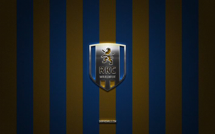 rkc waalwijk logotipo, club de fútbol holandés, eredivisie, fondo de carbono amarillo azul, rkc waalwijk emblema, fútbol, ​​rkc waalwijk, holandeses, rkc waalwijk logotipo de metal de plata
