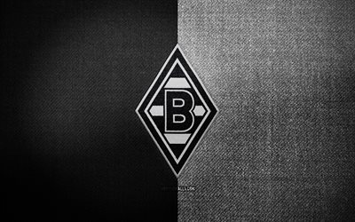 distintivo del borussia monchengladbach, 4k, sfondo in tessuto bianco nero, bundesliga, logo del borussia monchengladbach, emblema del monchengladbach del borussia, monchengladbach fc del borussia