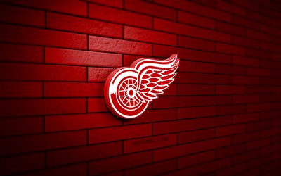 détroit red wings 3d logo, 4k, red brickwall, nhl, hockey, logo de detroit red wings, american hockey team, detroit red wings emblem, sports logo, detroit red wings