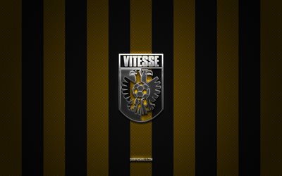 sbv vitesseロゴ, オランダフットボールクラブ, eredivisie, 黄色の黒い炭素の背景, sbv vitesseエンブレム, フットボール, sbv vitesse, オランダ, sbv vitesse silver metal logo