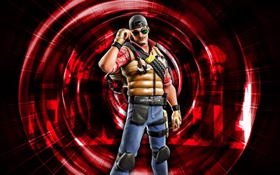 Wrangler, 4k, red abstract background, Fortnite, abstract rays, Wrangler Skin, Fortnite Wrangler Skin, Fortnite characters, Wrangler Fortnite