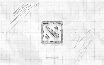 logotipo de dota 2 sketch, 4k, fondo a cuadros, dota 2 logotipo negro, marcas de juegos, bocetos de logotipo, logotipo de dota 2, dibujo a lápiz, dota 2
