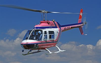Bell 206, 4k, pink helicopter, multipurpose helicopters, civil aviation, aviation, flying helicopters, Bell, pictures with helicopter